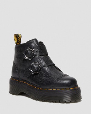Dámské Boty na Platformy Dr Martens Devon Flower Buckle Leather Černé | 31315659