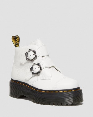 Dámské Boty na Platformy Dr Martens Devon Flower Buckle Leather Bílé | 94030686