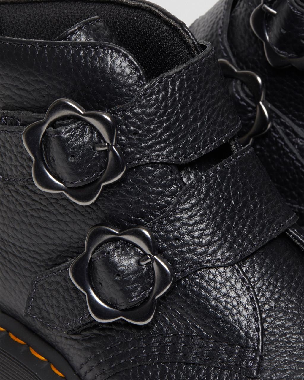 Dámské Boty na Platformy Dr Martens Devon Flower Buckle Leather Černé | 31315659