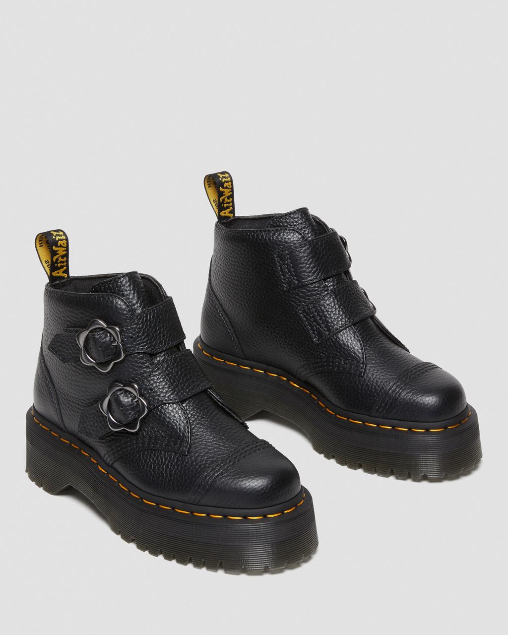 Dámské Boty na Platformy Dr Martens Devon Flower Buckle Leather Černé | 31315659