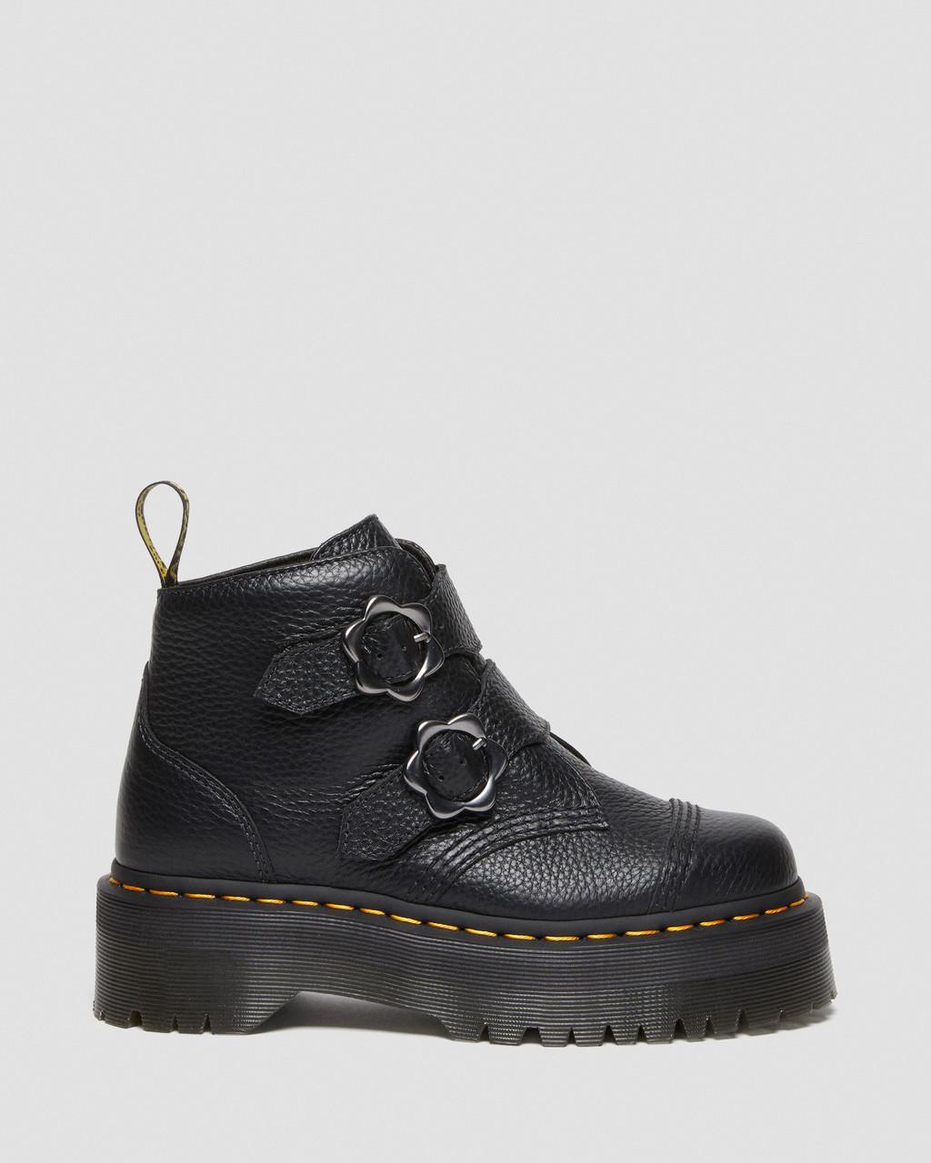Dámské Boty na Platformy Dr Martens Devon Flower Buckle Leather Černé | 31315659