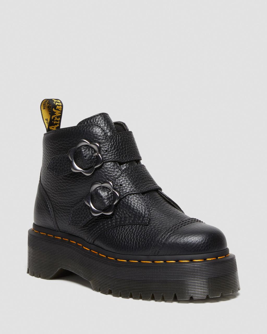 Dámské Boty na Platformy Dr Martens Devon Flower Buckle Leather Černé | 31315659
