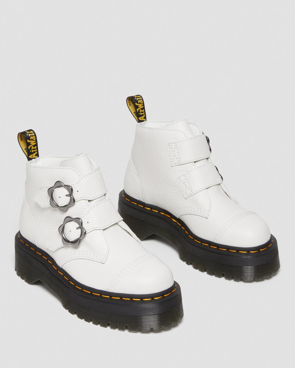 Dámské Boty na Platformy Dr Martens Devon Flower Buckle Leather Bílé | 94030686
