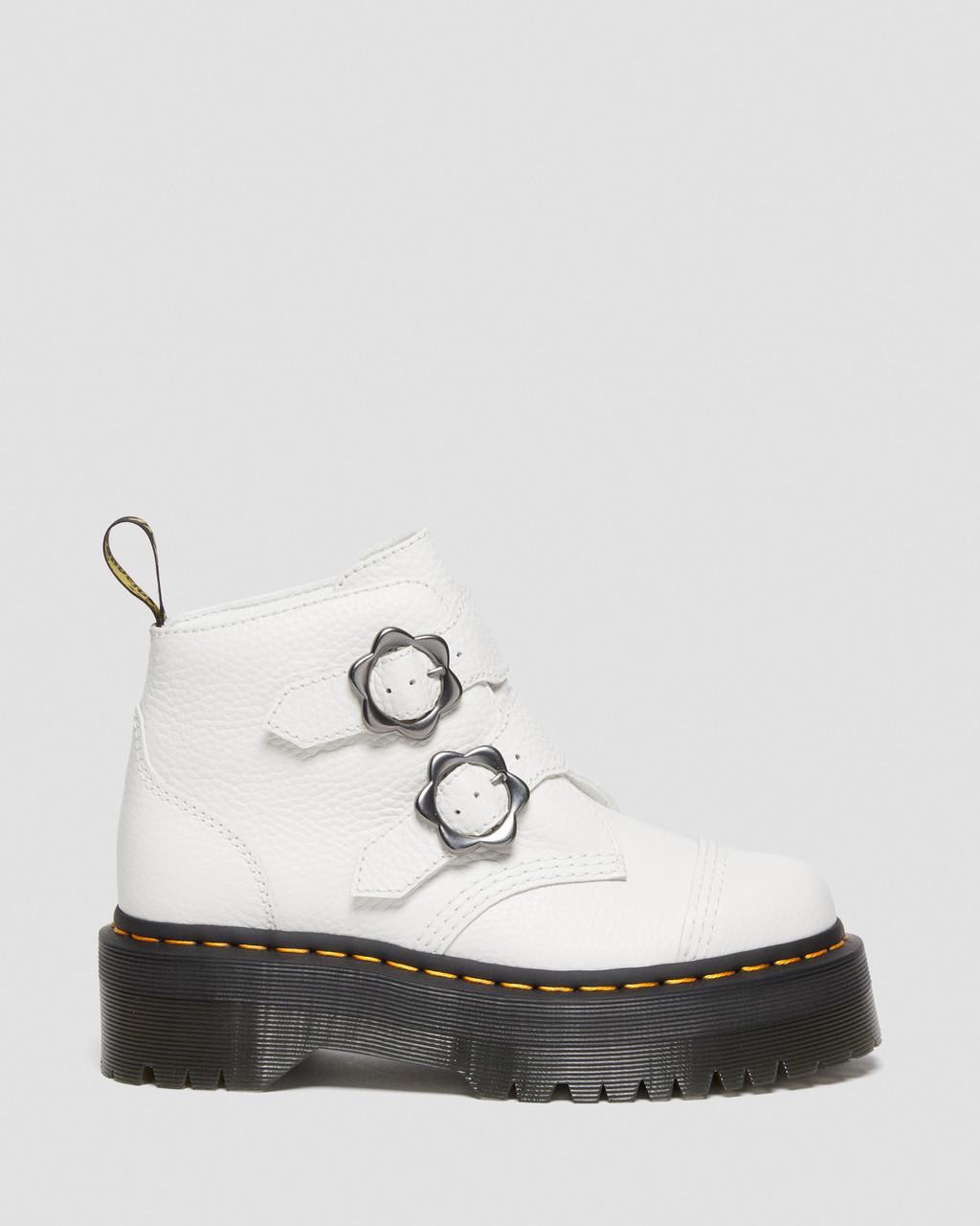 Dámské Boty na Platformy Dr Martens Devon Flower Buckle Leather Bílé | 94030686