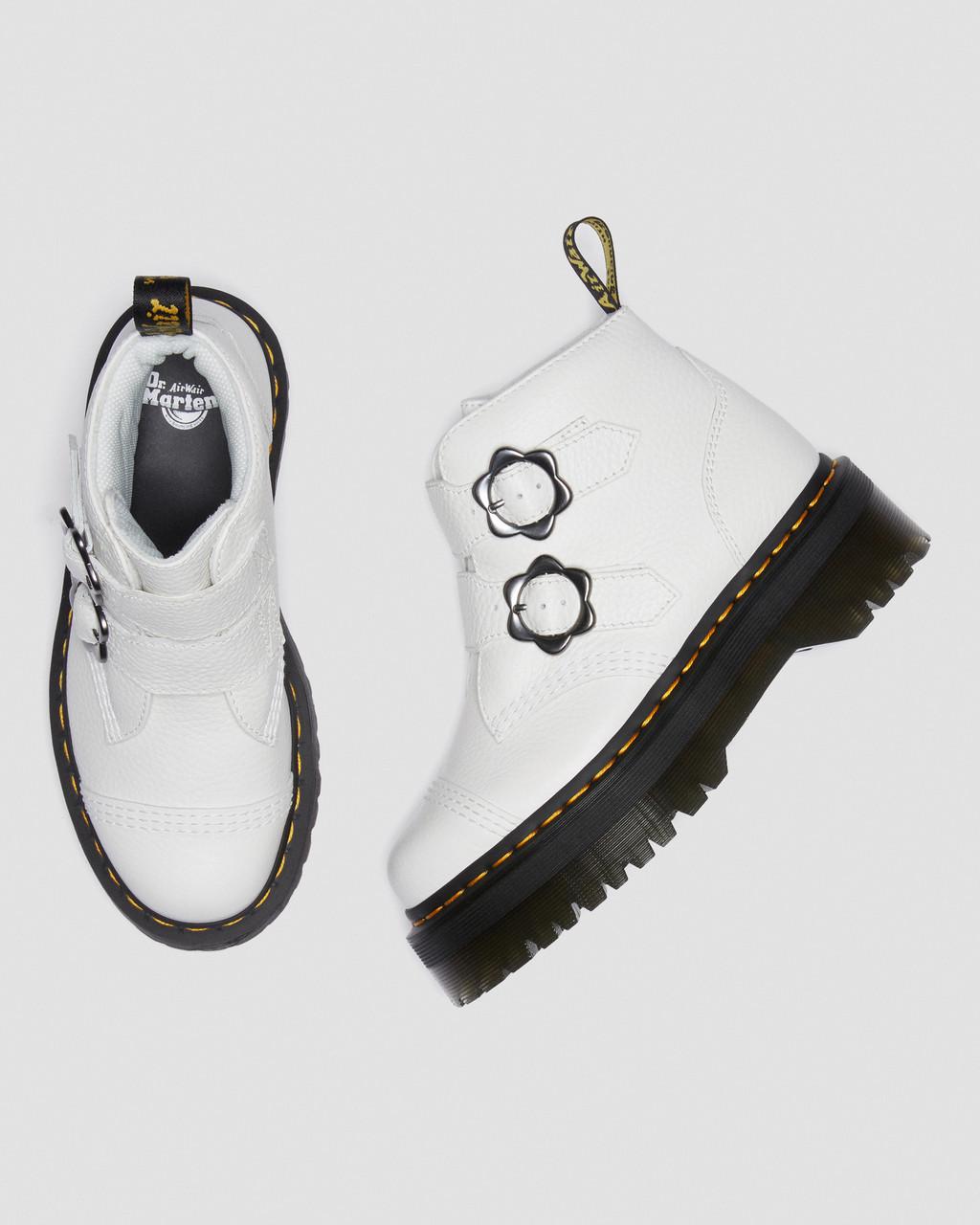 Dámské Boty na Platformy Dr Martens Devon Flower Buckle Leather Bílé | 94030686