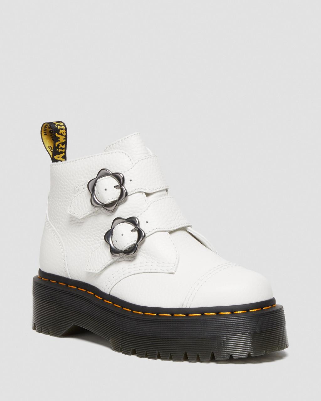 Dámské Boty na Platformy Dr Martens Devon Flower Buckle Leather Bílé | 94030686